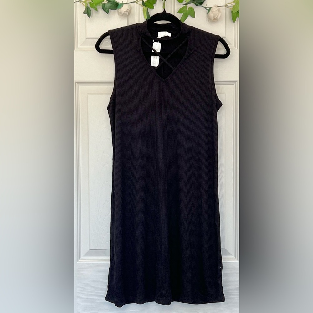 FASHION Q Black dress with Cross Cut-Out Mock Neck- Size M
